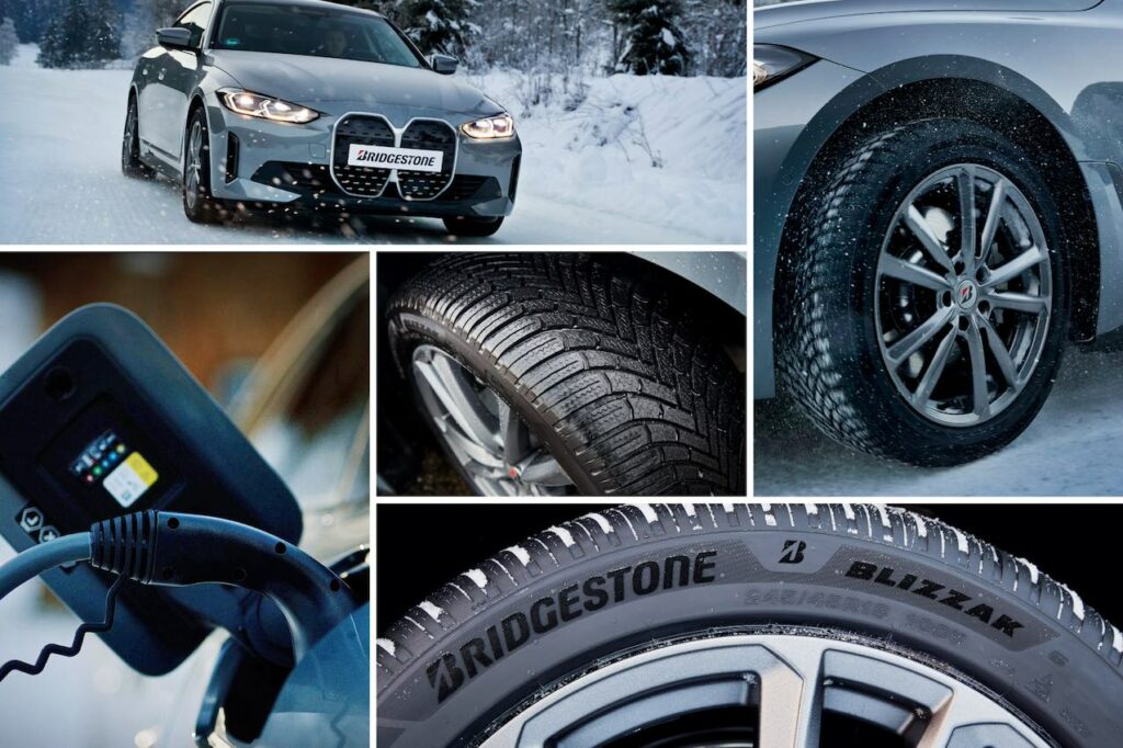 Collage d'images d'une voiture avec des pneus Bridgestone.